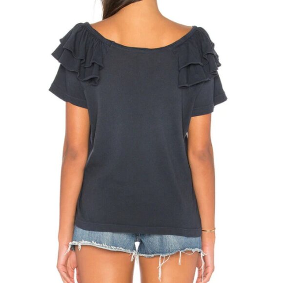 Current/Elliott Blue Double Ruffle Cotton Scoop Neck Tee Shirt Womens Large - Picture 2 of 7